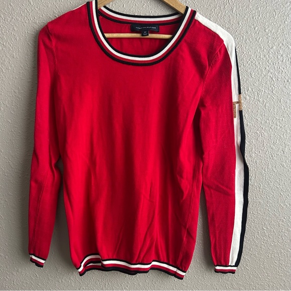 Tommy Hilfiger TH Red lightweight 100% cotton long sleeve knit sweater striped - Picture 1 of 9